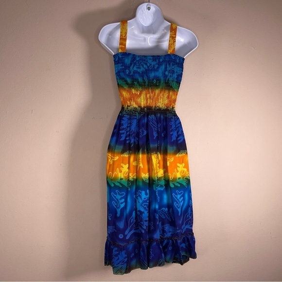 SMALL TROPICAL DRESS SLEEVELESS STRETCH COLORFUL BLUE ORANGE BEACH VACATION - Picture 6 of 13